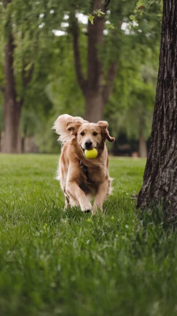 Golden retriever joyfully carries a tennis ball in a lush green park, surrounded by trees.