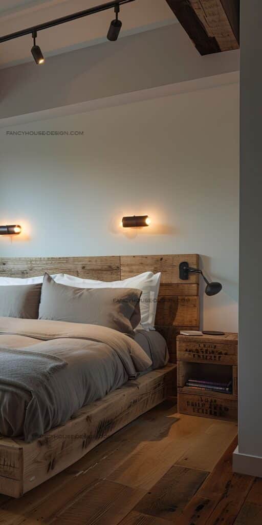 Cozy rustic bedroom with wooden bed frame, modern lighting, and warm ambiance.