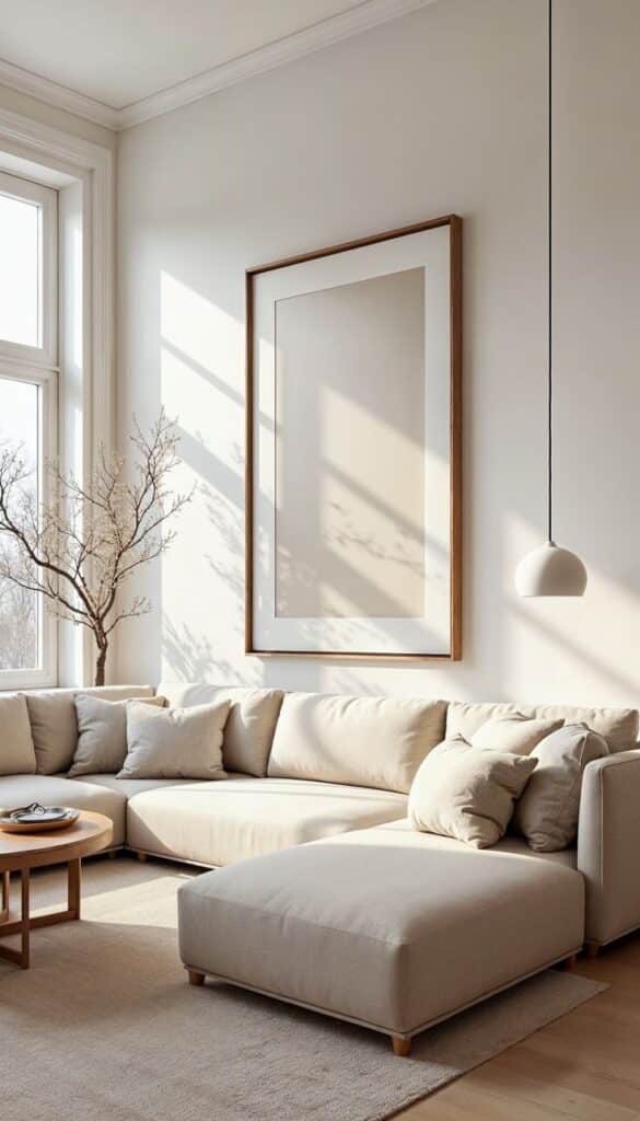 Minimalist living room with beige sectional sofa, large window, and soft lighting. Cozy and contemporary interior design.