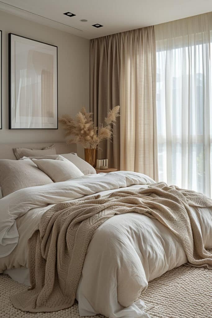 Cozy bedroom with beige bedding, natural light, and minimalist decor for a serene atmosphere.