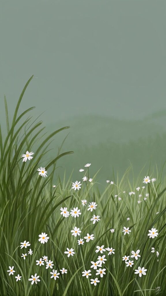 Illustration of white daisies blooming in lush green grass against a muted green background, conveying spring tranquility.
