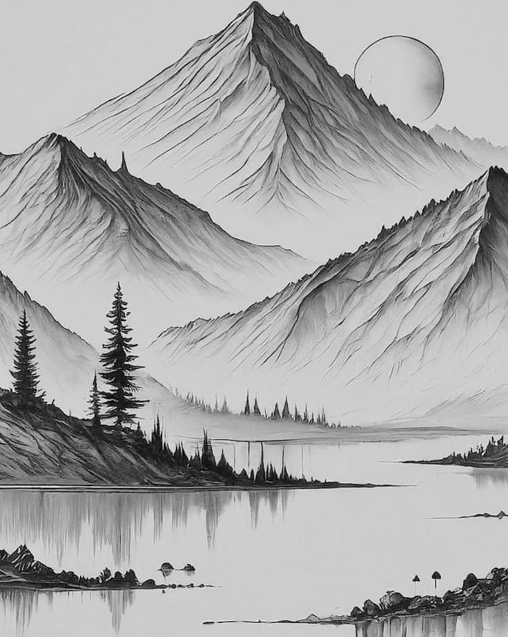 Black and white mountain landscape with trees and a lake under a setting sun.