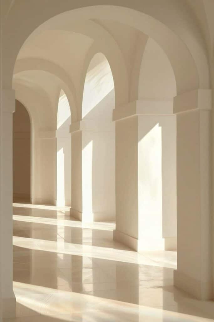 Elegant sunlit arches casting shadows on a polished marble floor in a minimalist architectural space.