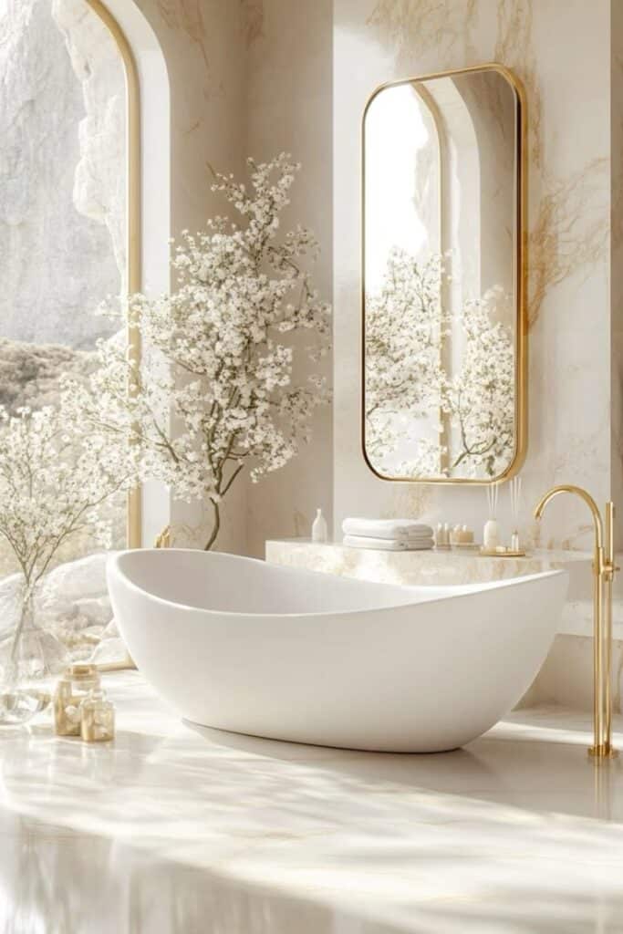 Luxurious white bathtub in an elegant bathroom with gold accents and flowering branches by arched windows.