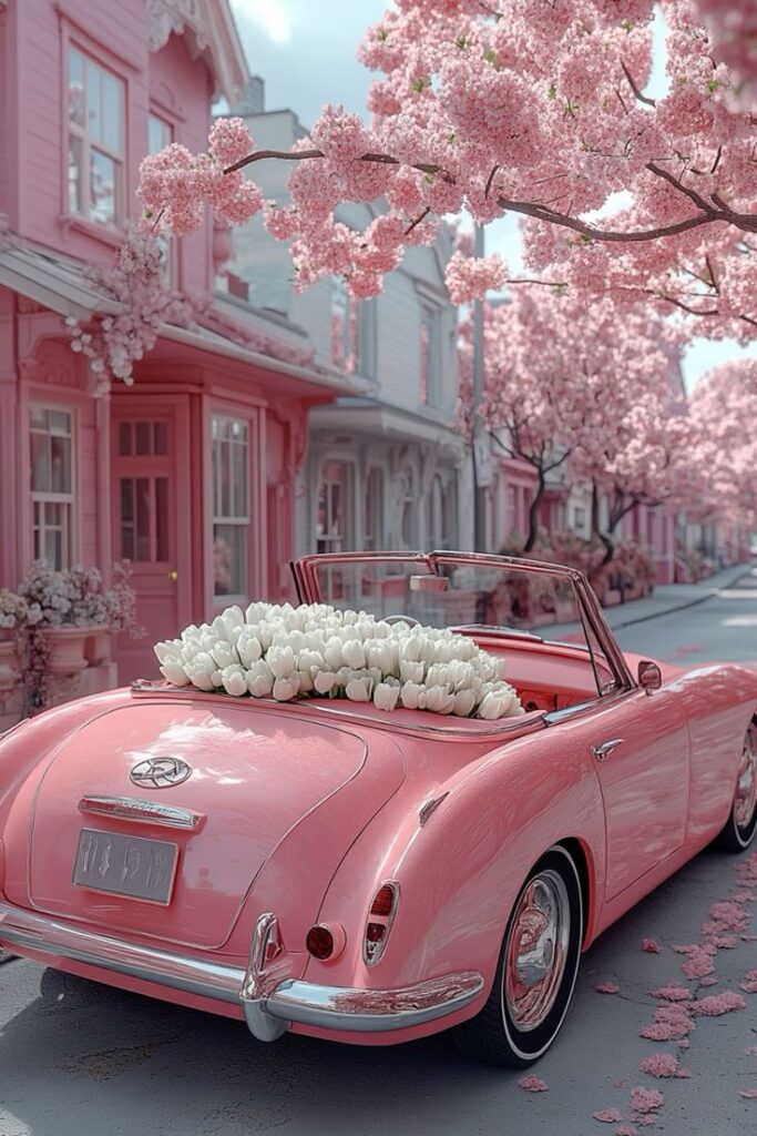 Pink convertible with white tulips parked on a street lined with cherry blossom trees and pastel buildings.