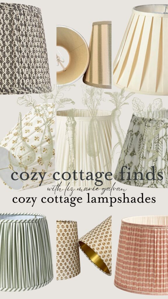 Collage of cozy cottage lampshades with various patterns and textures on a neutral background.