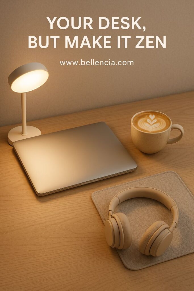 Minimalist desk setup with laptop, headphones, latte, and desk lamp promoting a zen workspace atmosphere.