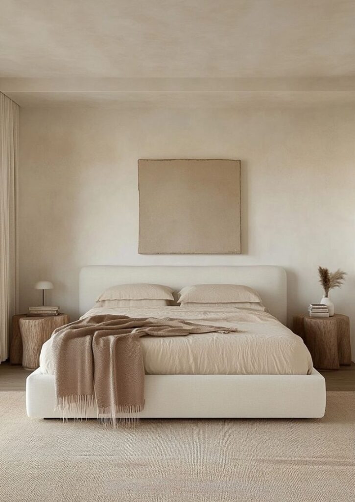 Minimalist beige bedroom with cozy bed, neutral decor, and natural textures for a calming, serene atmosphere.
