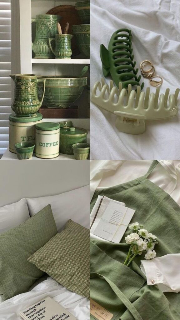 Green aesthetic collage with pottery, clips, pillows, and flowers for a cozy, natural vibe.