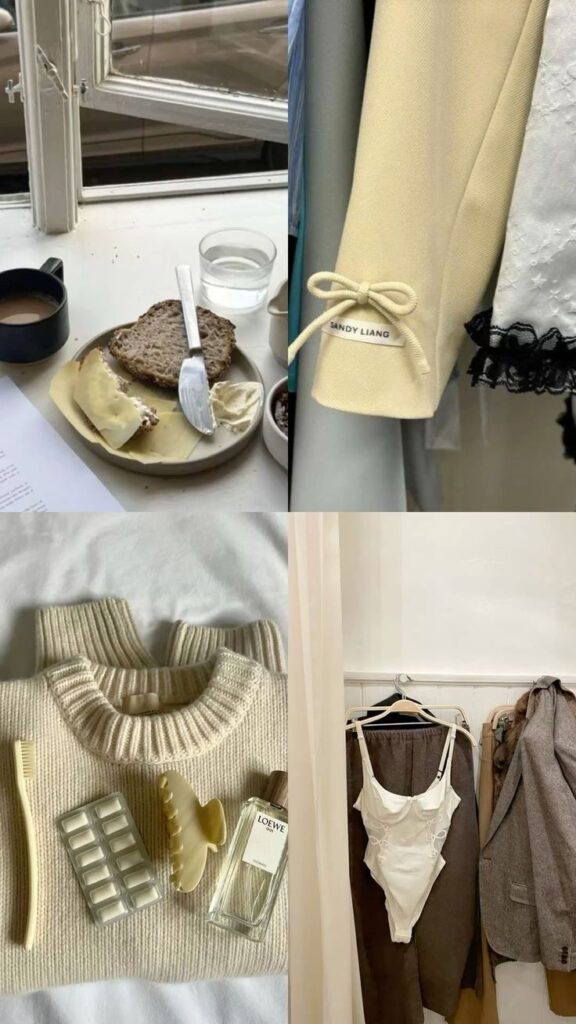 Cozy morning vibes: breakfast, knitwear, skincare essentials, and fashion pieces in a beautifully lit room.