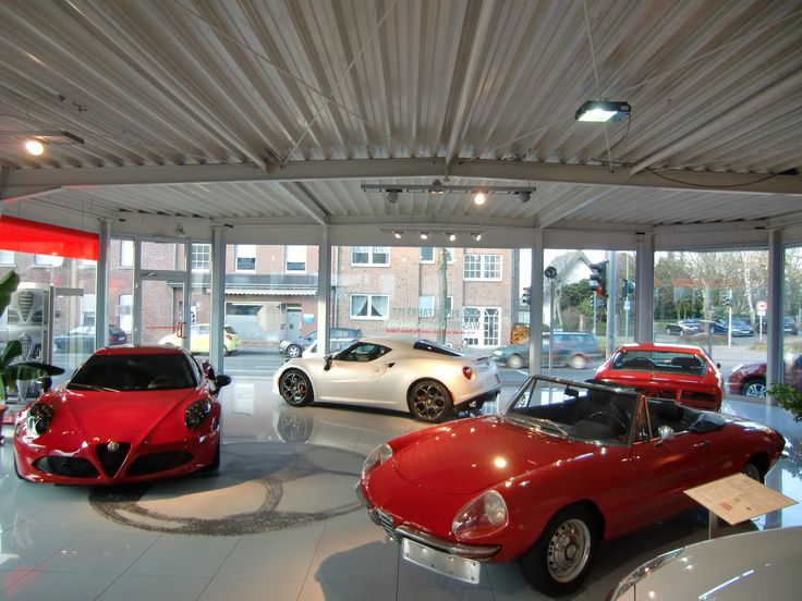 Showroom with classic and modern sports cars on glossy floors, large windows in background.