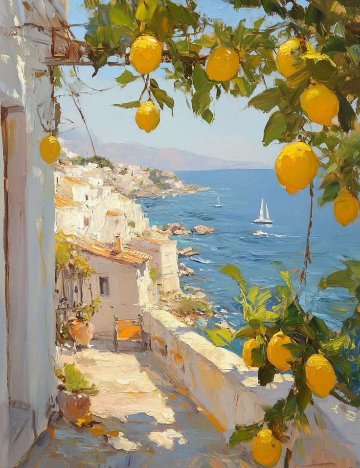 Coastal Mediterranean view with lemons, white houses, and sailboats on a sunny day.