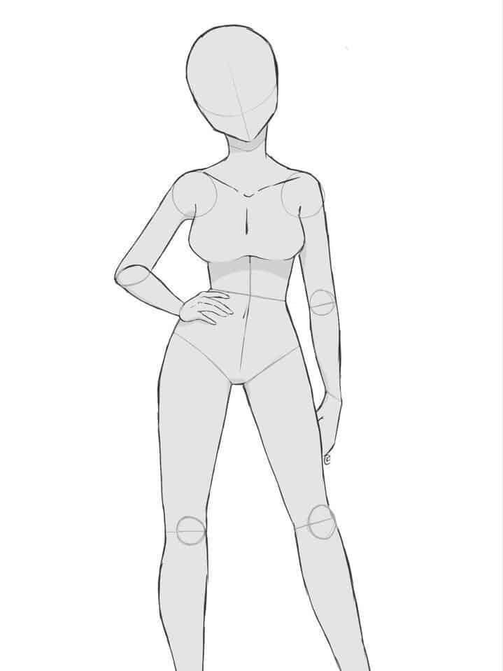 Anime-style female body sketch with blank face, emphasizing pose and proportions for artistic reference.