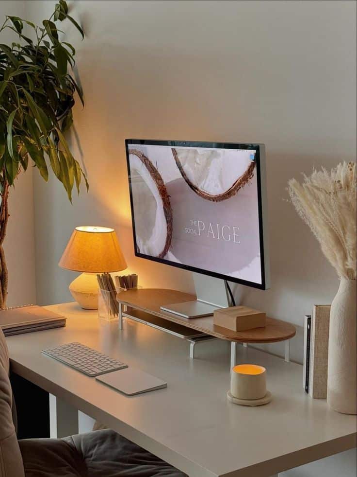 Minimalist home office with computer, keyboard, lamp, and decor on desk, creating a cozy workspace atmosphere.