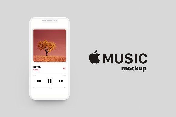 iPhone displaying music app with tree artwork, next to Apple Music mockup text on a gray background.