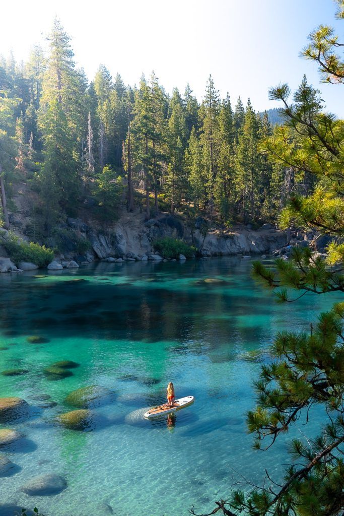 Paddleboarder on clear turquoise lake surrounded by lush green forest under bright sun.