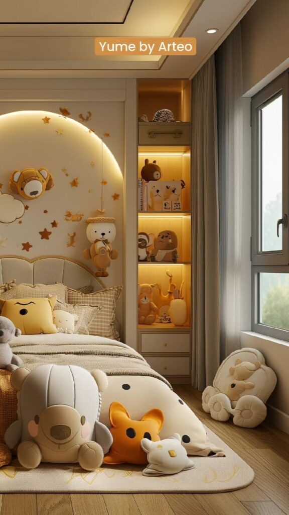 Cozy children's bedroom with plush toys, warm lighting, and playful decor on shelves and bed, featuring soft hues.