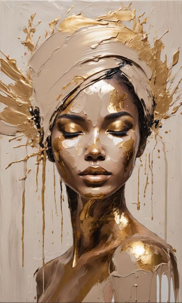 Abstract painting of a woman with gold accents and textured strokes, eyes closed in a serene expression.