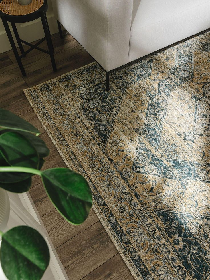 Vintage-style rug under a white sofa in a cozy living room with wooden floor and a potted plant.