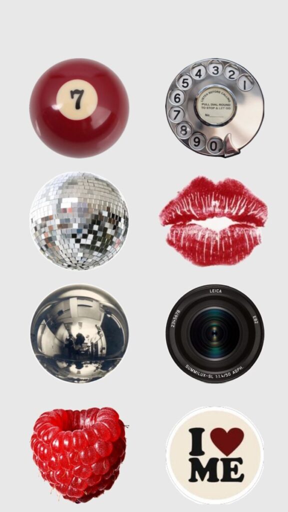 Various round objects, including a pool ball, rotary dial, disco ball, kiss print, raspberry, and camera lens.