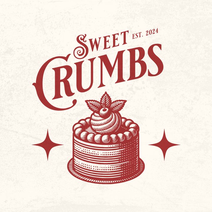 Bakery Cake Vintage ad Bakery ad Cake Sweet Crumbs logo featuring vintage cake design with decorative elements, established in 2024. | Sky Rye Design Sweet Crumbs logo featuring vintage cake design with decorative elements, established in 2024.