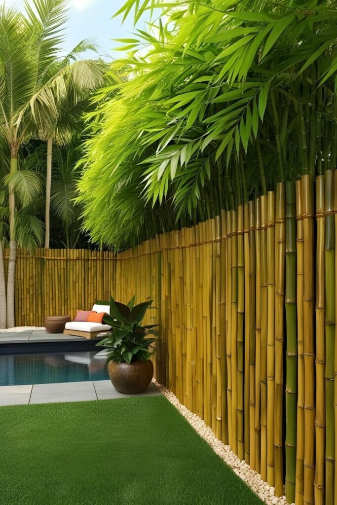 Outdoor oasis with bamboo fence, lush greenery, poolside lounge, and vibrant lawn. Perfect for relaxation and tranquility.
