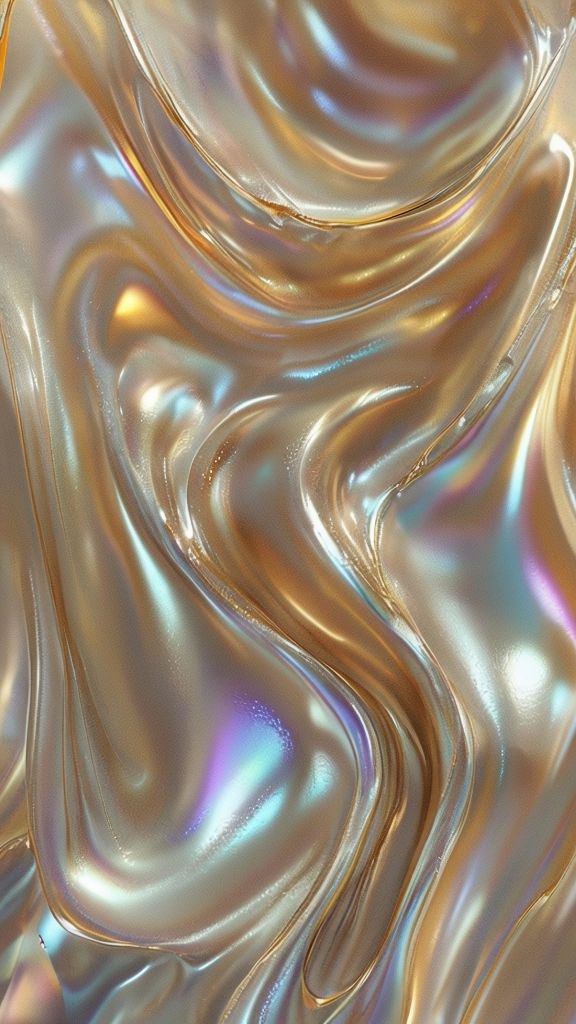 Shimmering iridescent abstract background with smooth, flowing metallic patterns in gold and pastel hues.