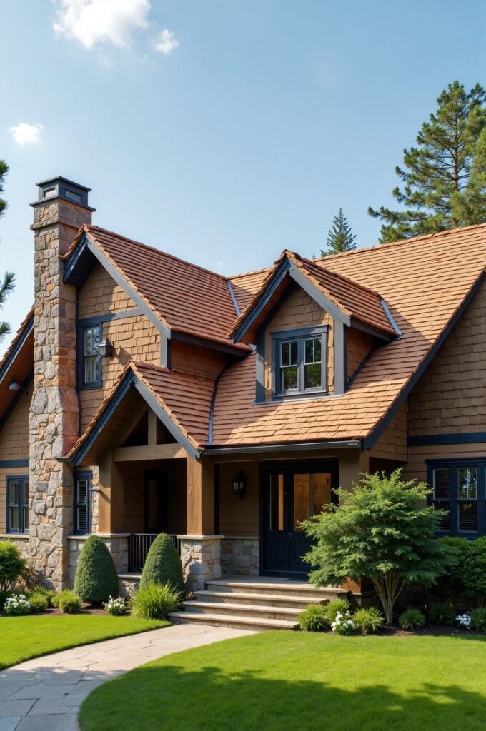 Beautiful roof replacement using natural materials Charming cottage with stone chimney, lush garden, and red roof nestled in a tranquil setting under a clear blue sky. | Sky Rye Design Charming cottage with stone chimney, lush garden, and red roof nestled in a tranquil setting under a clear blue sky.