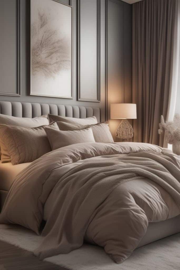 Elegant bedroom with cozy beige bedding, soft lighting, and modern decor for a relaxing atmosphere.