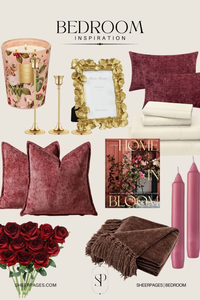 Bedroom decor inspiration with red pillows, gold frames, floral candle, cozy blankets, and decorative candles.