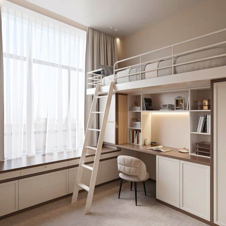 Modern loft bed with built-in desk and shelves in a cozy, well-lit room. Perfect space-saving design for small apartments.