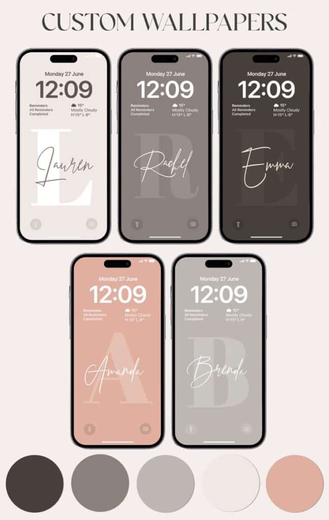 Custom phone wallpapers with names and initials on minimalist backgrounds, featuring weather and time display.