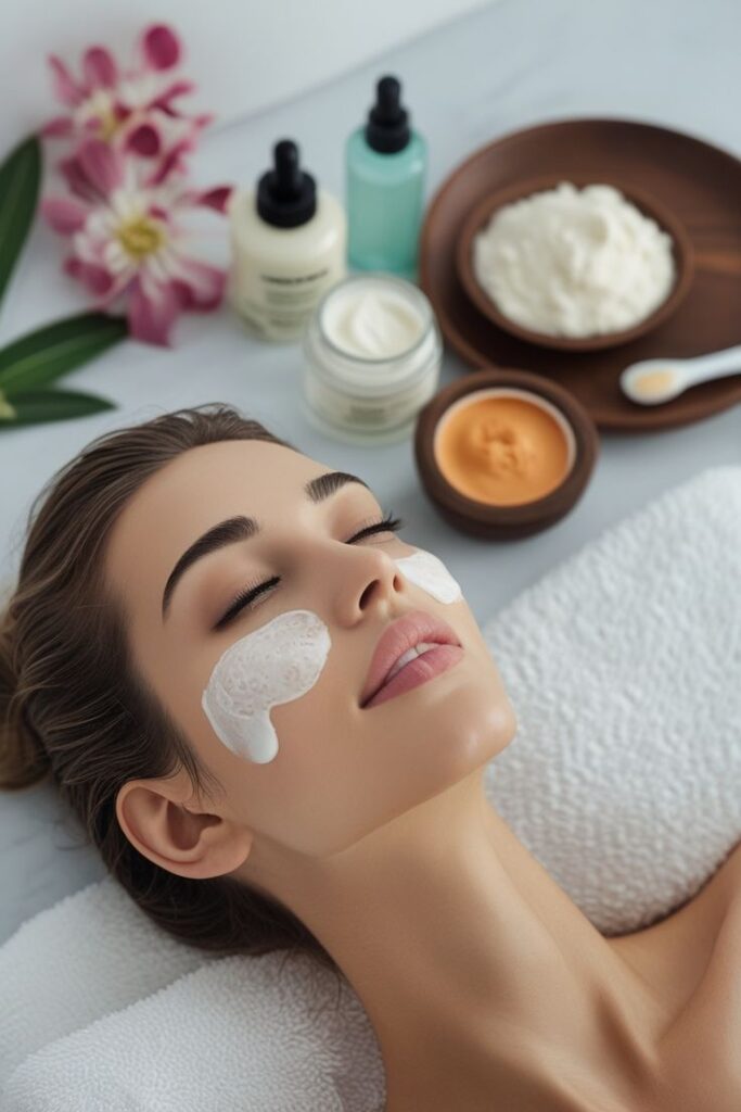 Woman enjoying a spa facial treatment with skincare products, surrounded by flowers and creams. Spring Beauty Trends