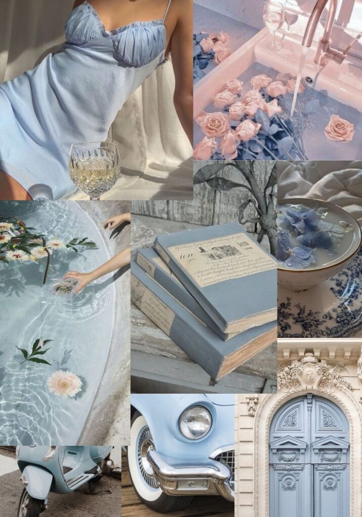 Dreamy blue aesthetic collage with vintage books, flowers, classic car, and elegant home decor elements.