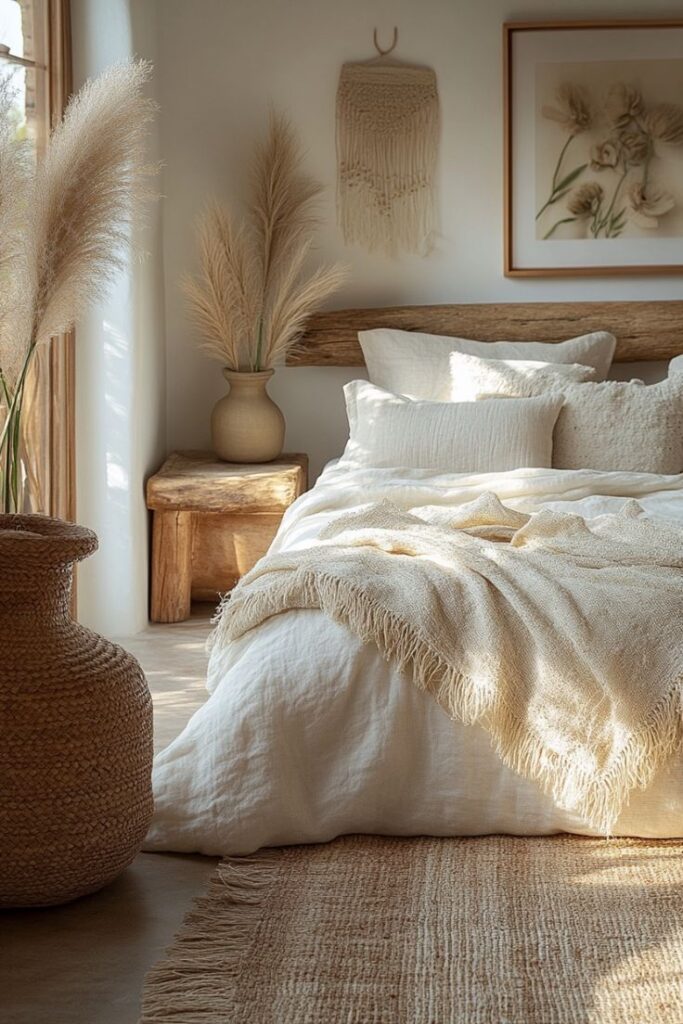Cozy minimalist bedroom with natural decor, pampas grass, and soft textures for a serene and inviting ambiance.