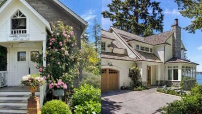 Charming cottage and elegant lakeside house with gardens, showcasing picturesque architecture and scenic greenery.