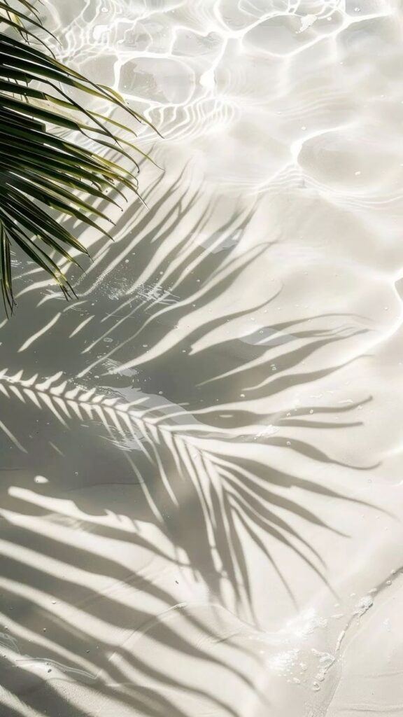 Palm leaf shadows on sunlit sandy beach with rippling water reflections.
