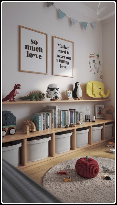 Stylish kids' room with toys, books, and decor on shelves, featuring a cozy carpet. Wall art enhances the playful ambiance.