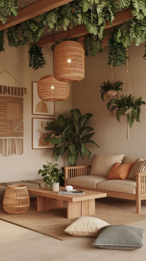 Boho living room with wicker lamps, wooden furniture, green plants, and cozy decor.