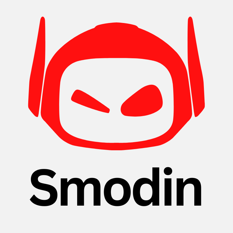 CTA-5 Red robot face logo of Smodin on a gray background, featuring bold black text beneath it. | Sky Rye Design Red robot face logo of Smodin on a gray background, featuring bold black text beneath it.