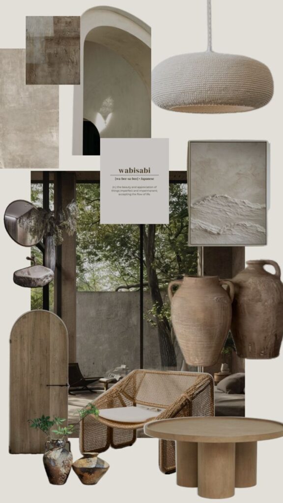 Minimalist wabi-sabi interior design collage with earthy tones, natural textures, and rustic decor elements.