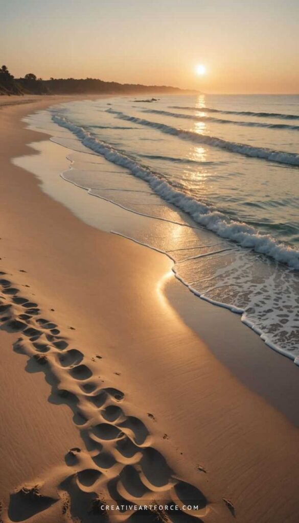 Sunrise over a serene beach with gentle waves and footprints in the sand.