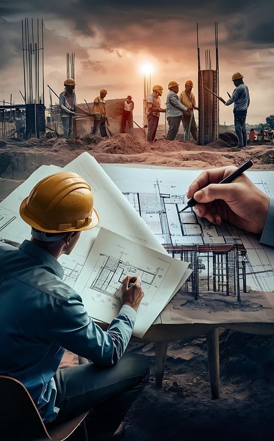 Engineer reviewing blueprints at construction site with workers and sunset backdrop.