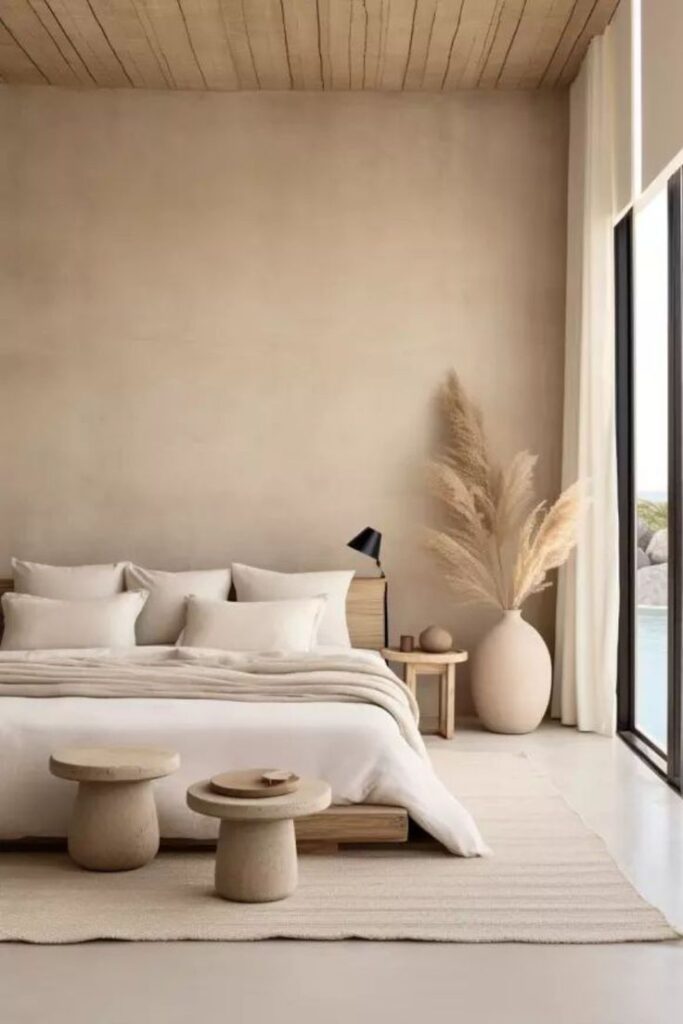 Modern minimalist bedroom with neutral tones, large bed, and pampas grass, illuminated by natural light through a window.