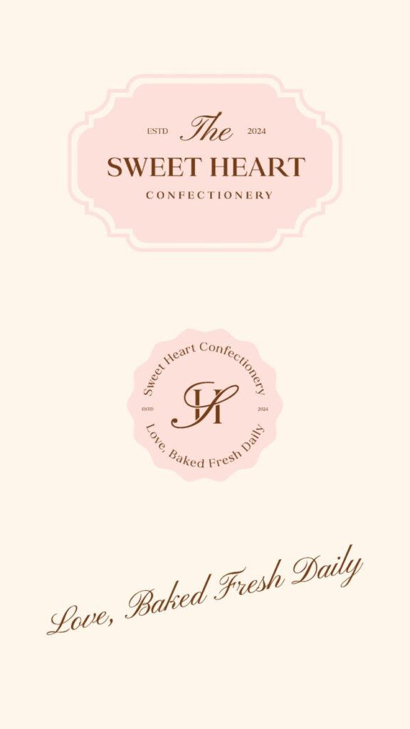 Sweet Heart Confectionery logo with slogan 'Love, Baked Fresh Daily' in elegant script on a soft background.