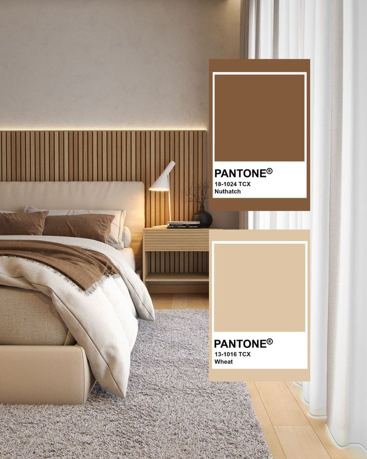 Modern bedroom with Pantone colors: Nuthatch and Wheat. Neutral tones, wood accents, cozy bedding, and natural light.