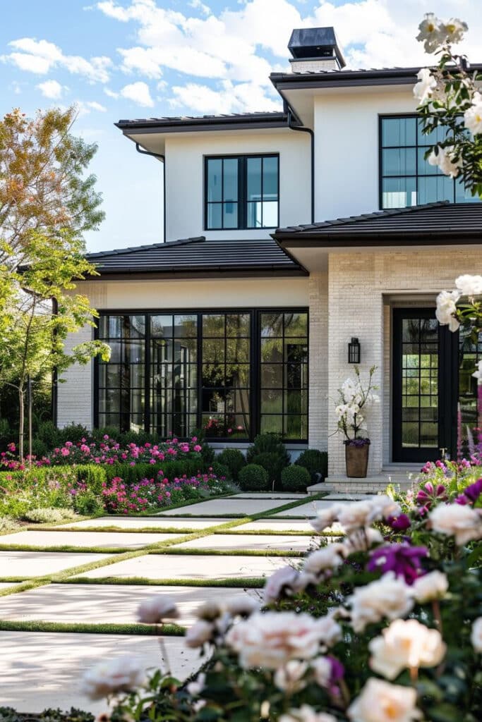 Modern house exterior with large windows, lush garden, and pathway under a blue sky.