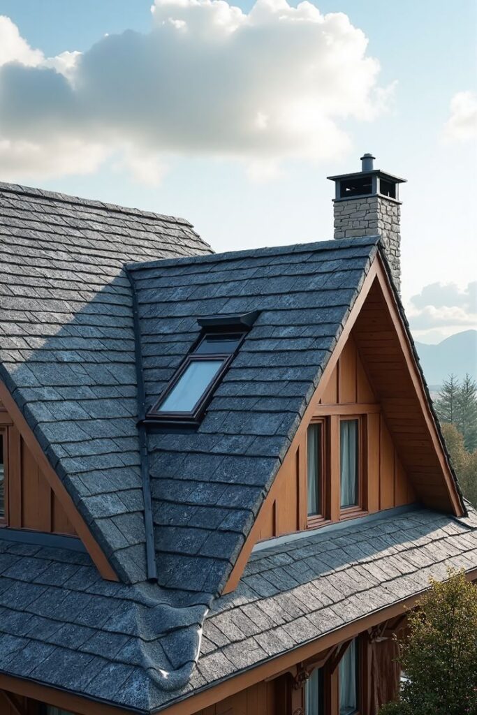 A-frame house with gray shingle roof, skylight, and stone chimney under a cloudy sky, surrounded by trees.