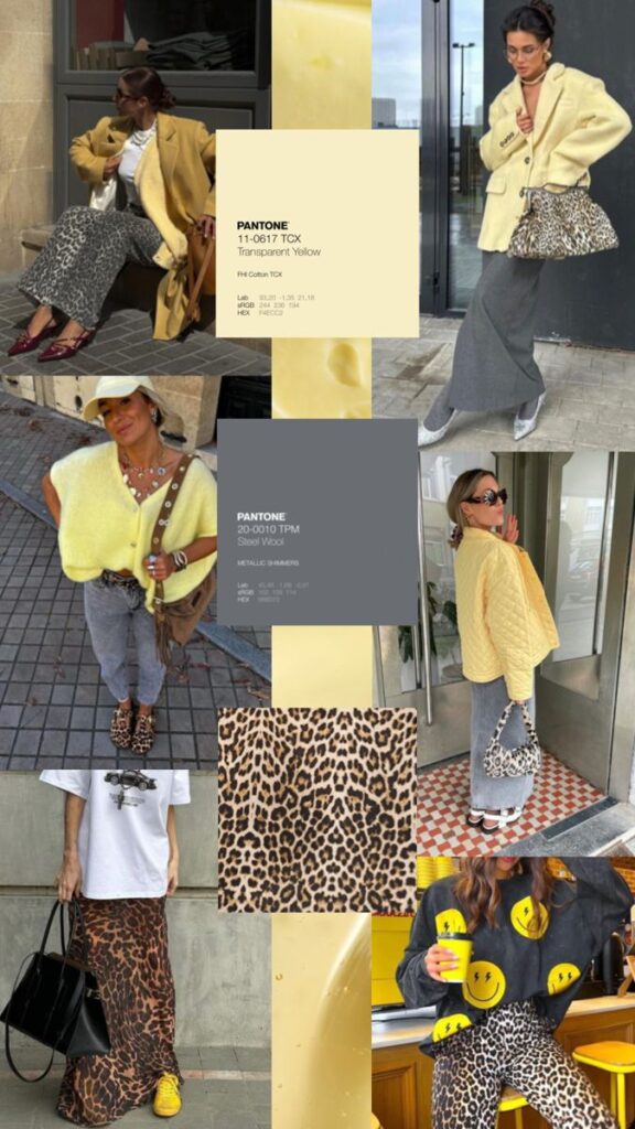 Fashion collage featuring yellow and leopard print styles, including coats, skirts, and accessories with Pantone colors.