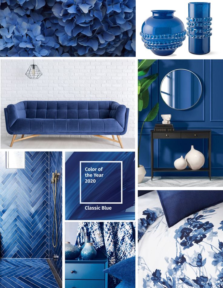 Collage featuring interiors in Pantone's Color of the Year 2020, Classic Blue, with decor and furnishings.